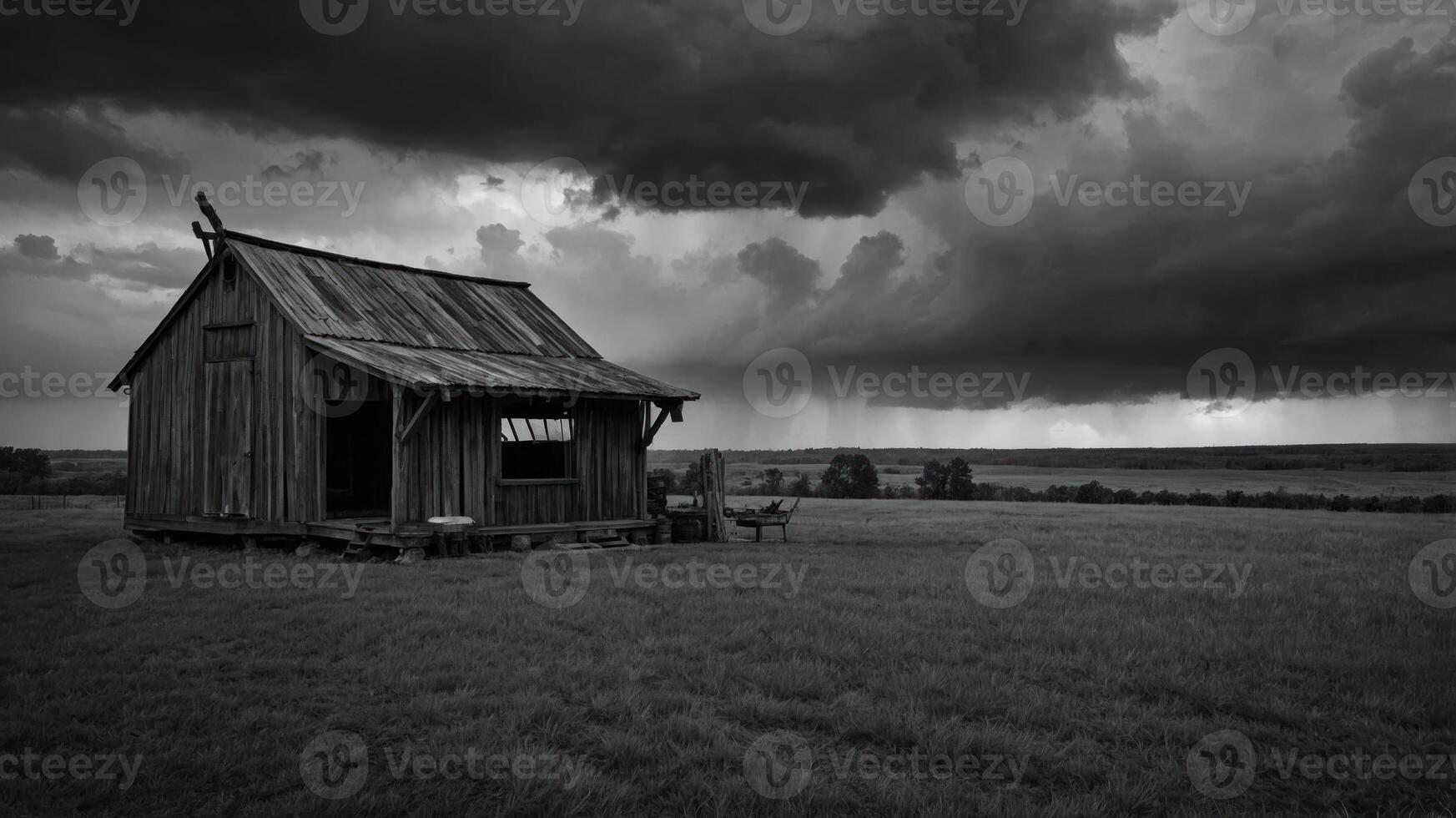 A rustic wooden cabin stands alone under dark, stormy skies in a vast landscape. photo