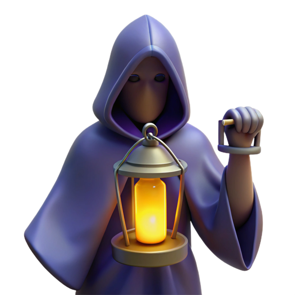 dramatic traditional A mysterious hooded figure, holding a lantern, NO BACKGROUND with Transparent Background. handcrafted png