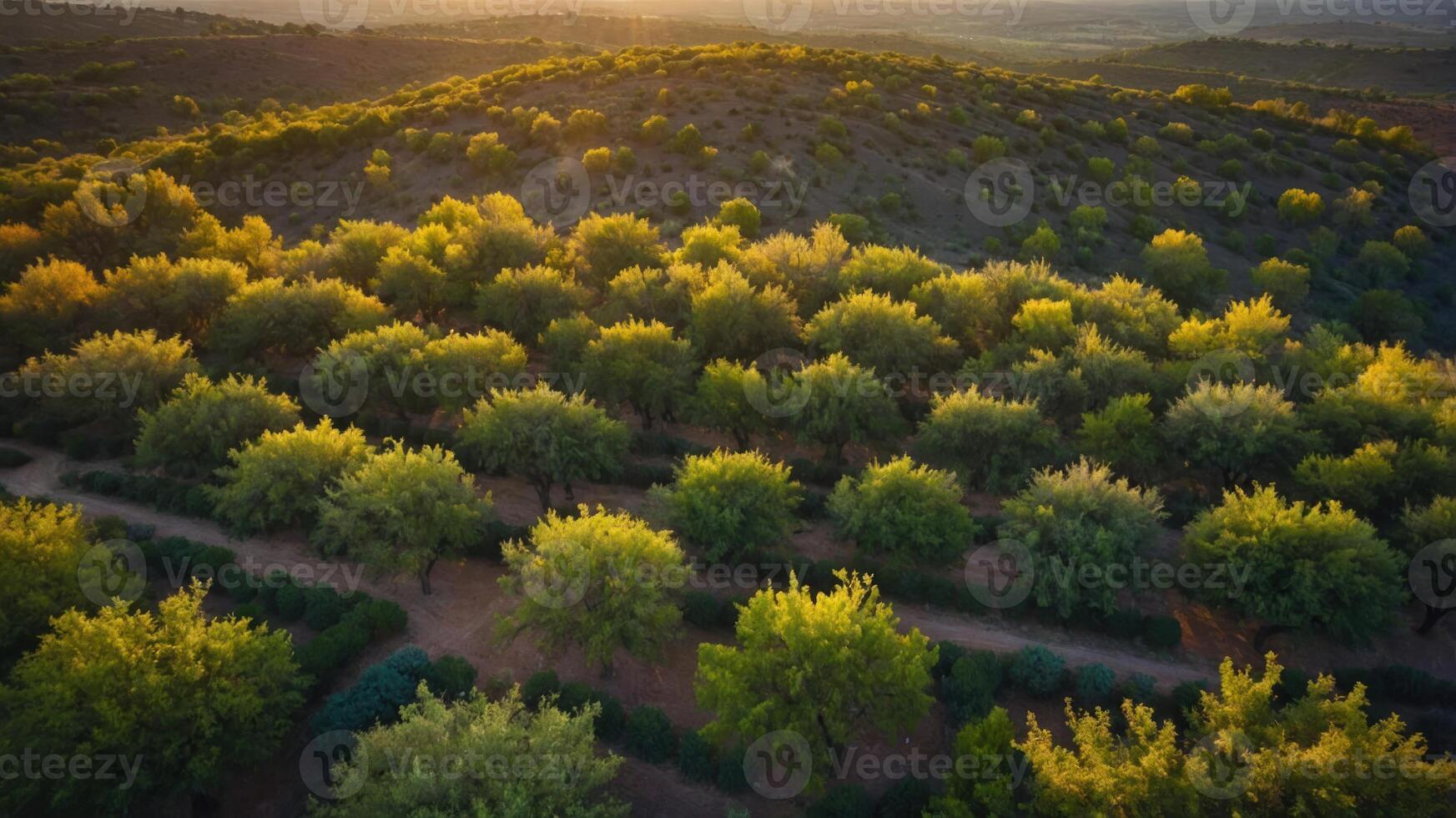 Aerial view of a lush green landscape with trees and rolling hills at sunset. photo