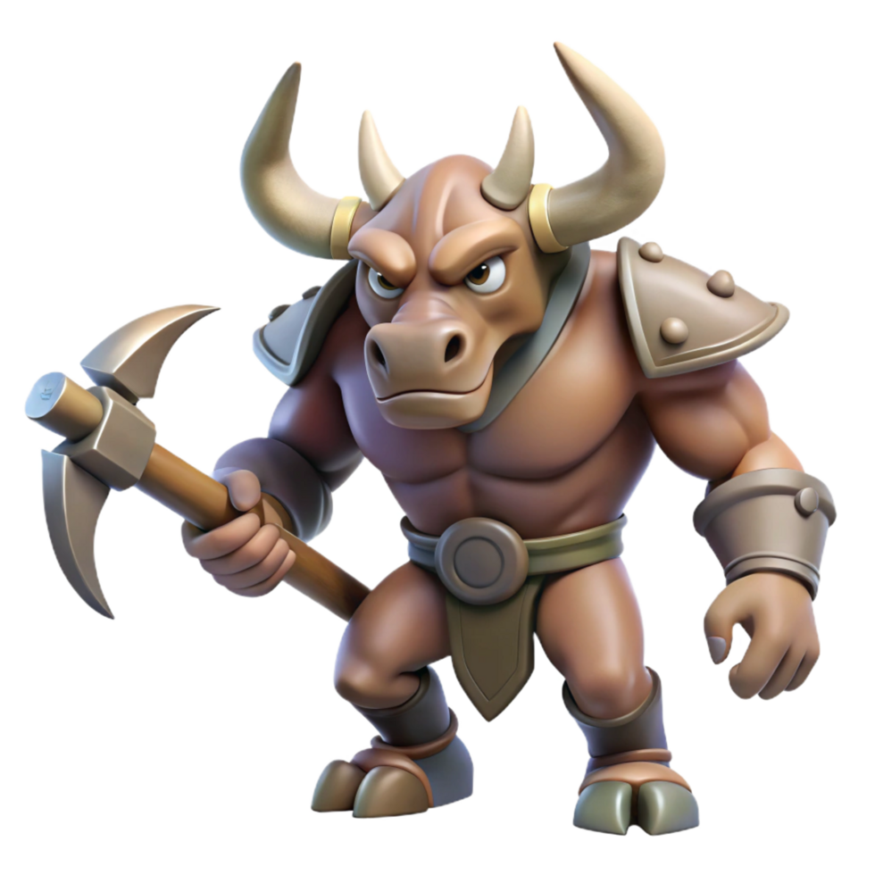 whimsical dramatic A ferocious minotaur, wielding a double-axe, NO BACKGROUND with Transparent Background. fine detail png