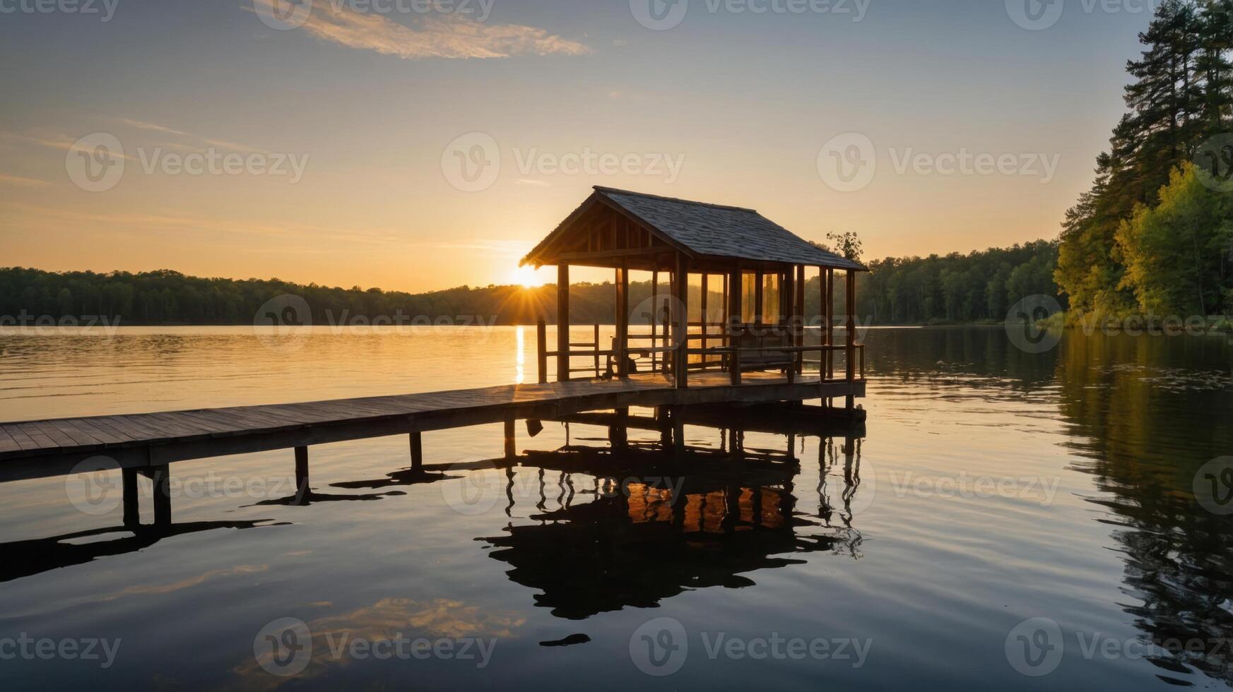 Serene lakeside view with a wooden dock and a gazebo at sunset. photo
