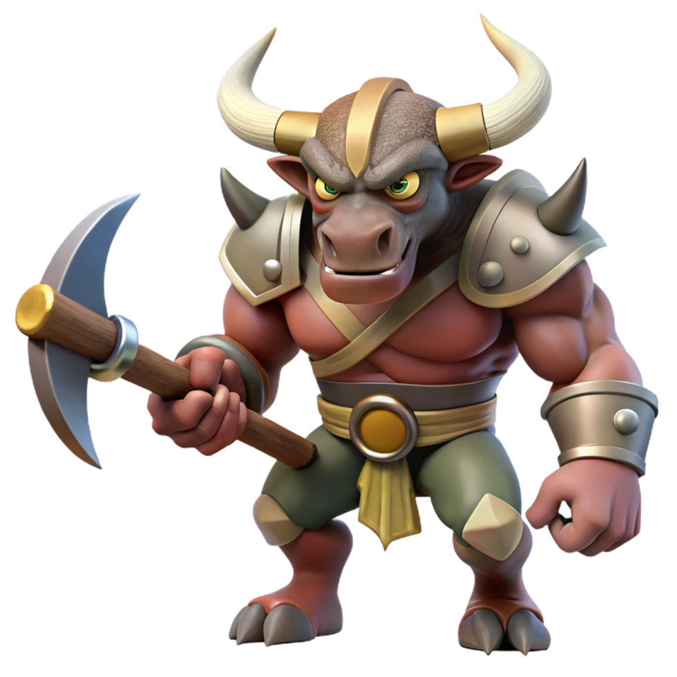distinctive contemporary A ferocious minotaur, wielding a double-axe, NO BACKGROUND with Transparent Background. elite png