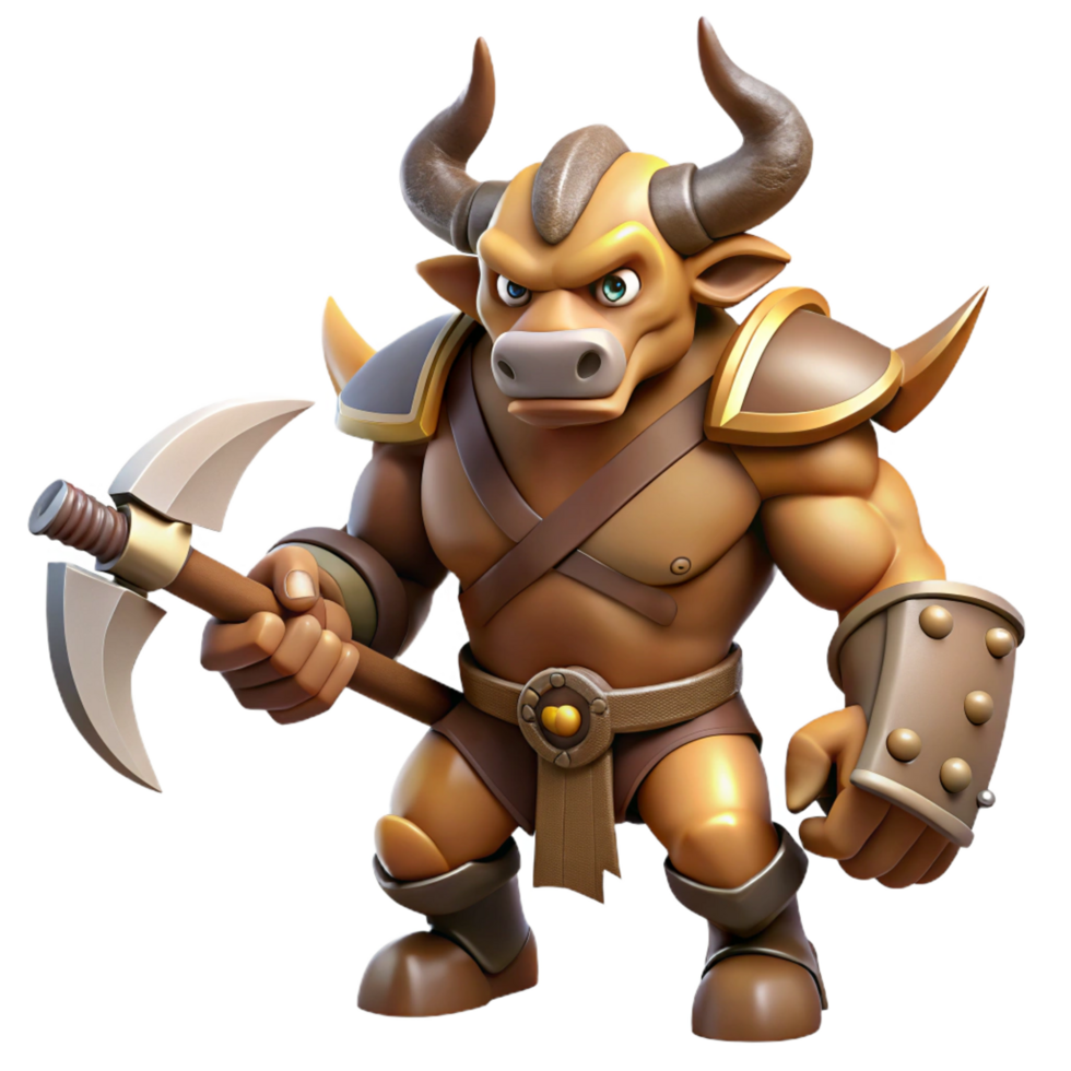 exceptional avant-garde A ferocious minotaur, wielding a double-axe, NO BACKGROUND with Transparent Background. ultra HD png