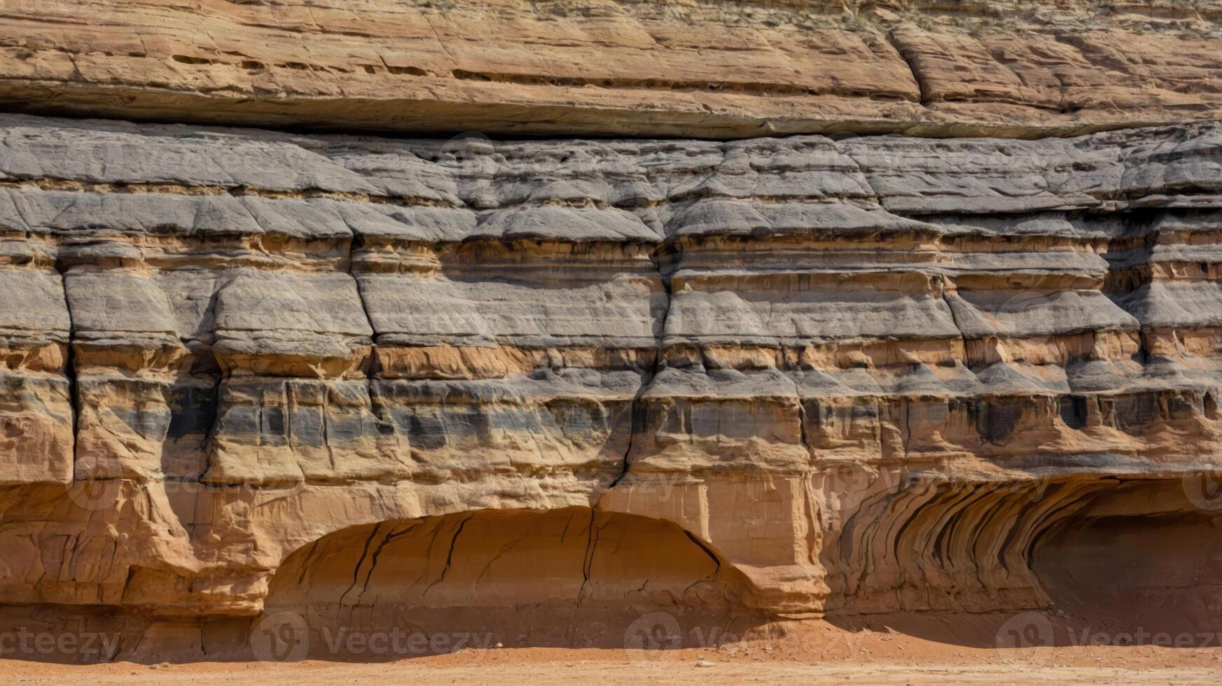 A close-up view of layered rock formations showcasing geological textures and colors. photo