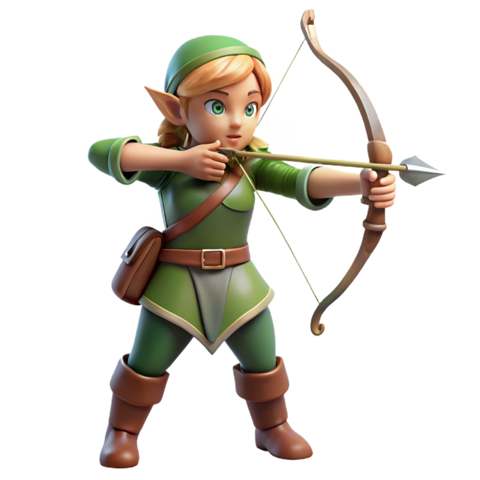 vibrant dramatic urban A graceful elf archer, aiming a bow, NO BACKGROUND with Transparent Background. studio quality png