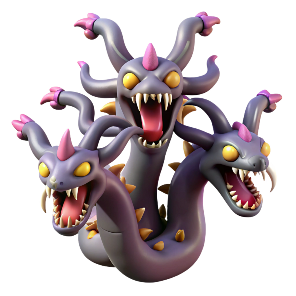 nostalgic fascinating A fearsome hydra, with multiple heads, NO BACKGROUND with Transparent Background. elite png