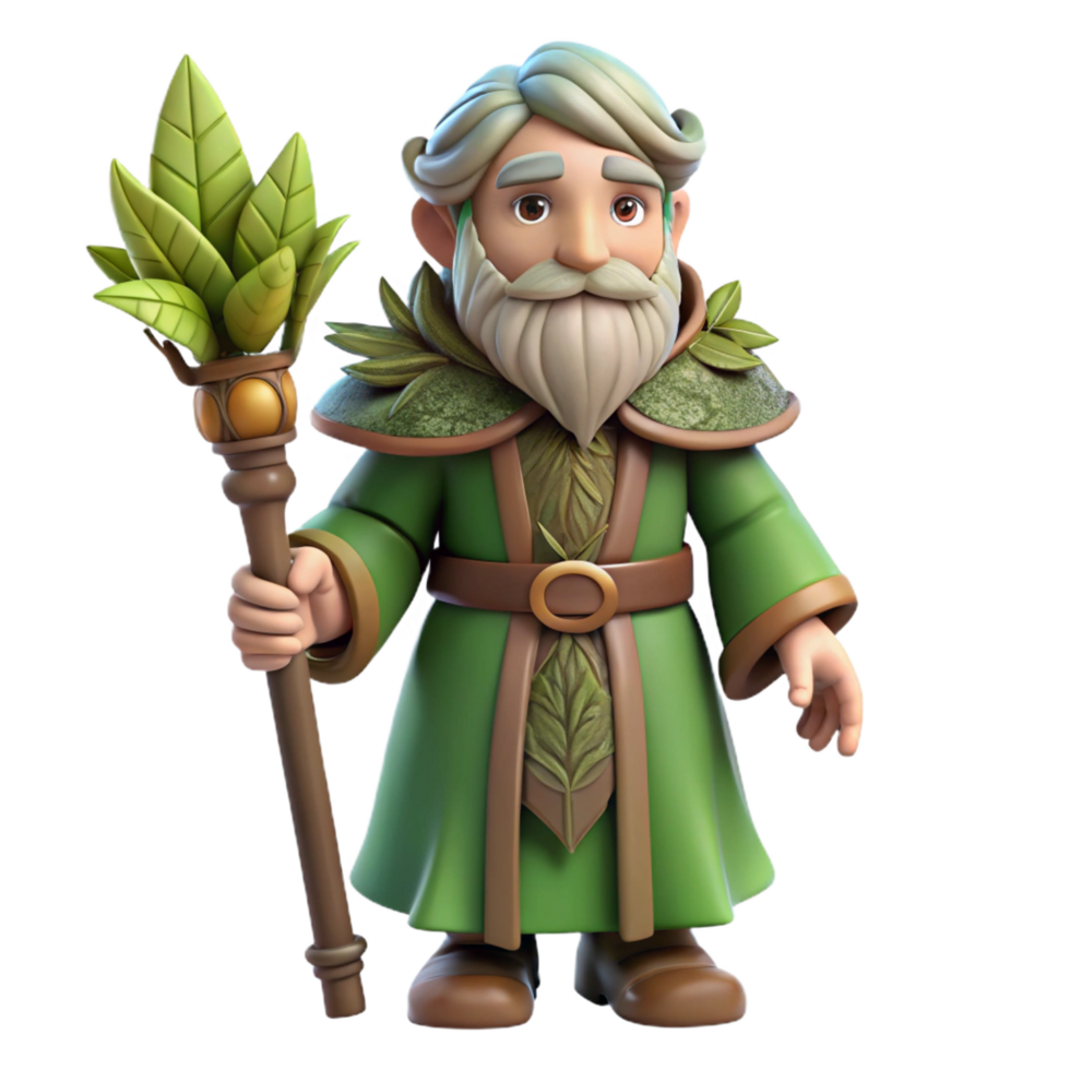 dramatic splendid A wise old druid, holding a staff adorned with leaves, NO BACKGROUND with Transparent Background. refined png