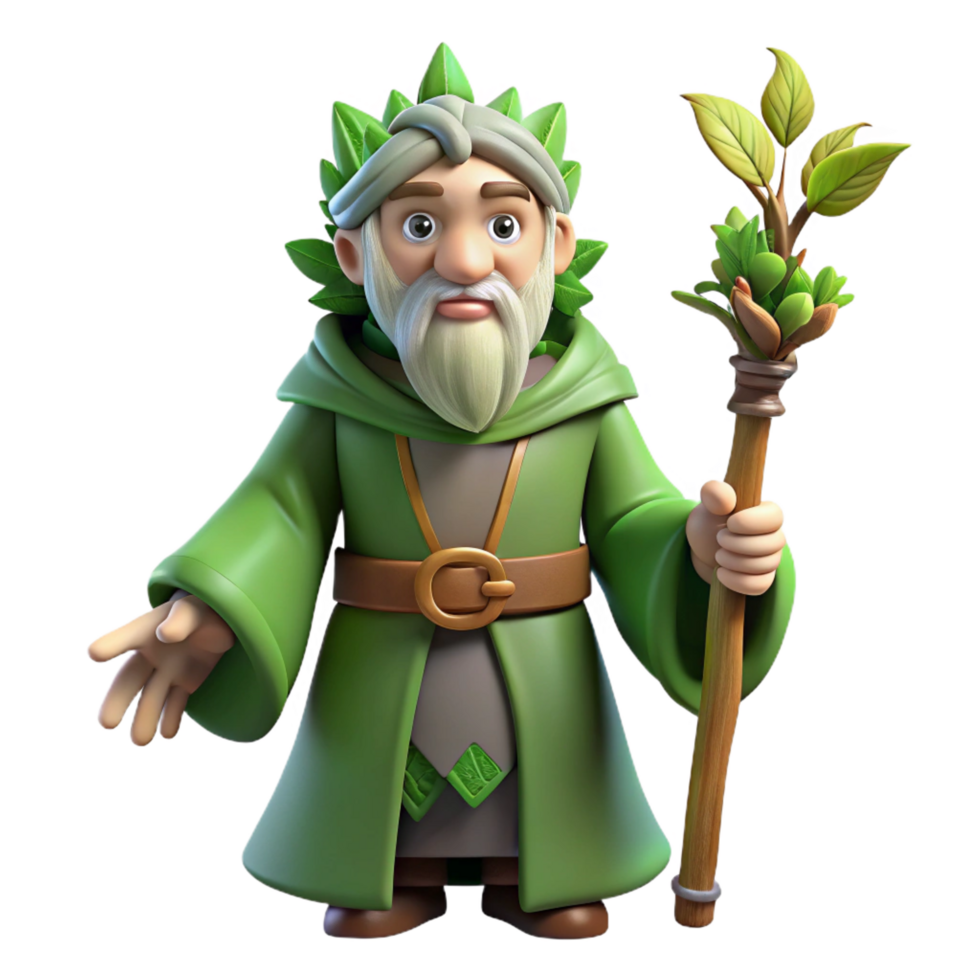 reflective extraordinary A wise old druid, holding a staff adorned with leaves, NO BACKGROUND with Transparent Background. high quality png