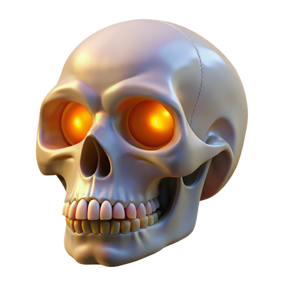 gorgeous minimalist A single, realistic human skull, with glowing eyes, NO BACKGROUND with Transparent Background. high quality png