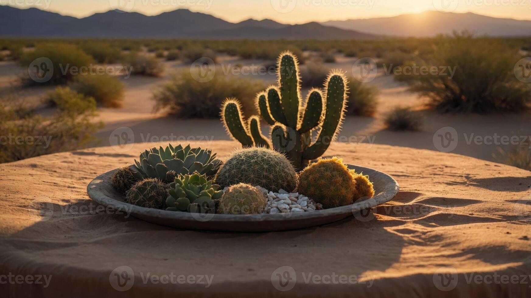 A serene desert scene featuring a platter of various cacti and succulents at sunset. photo