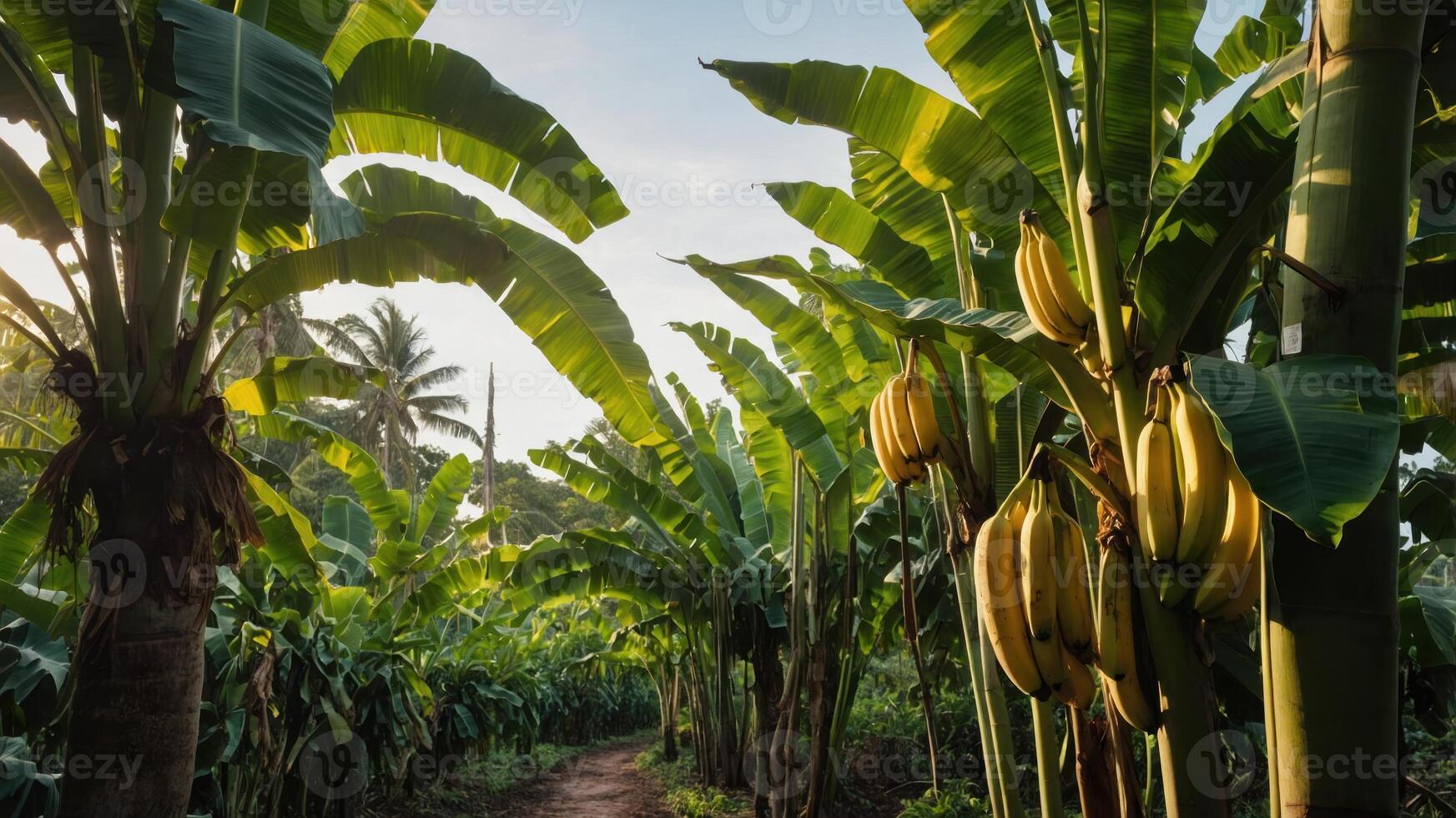 Lush banana plantation with ripe fruit and vibrant foliage under a clear sky. photo