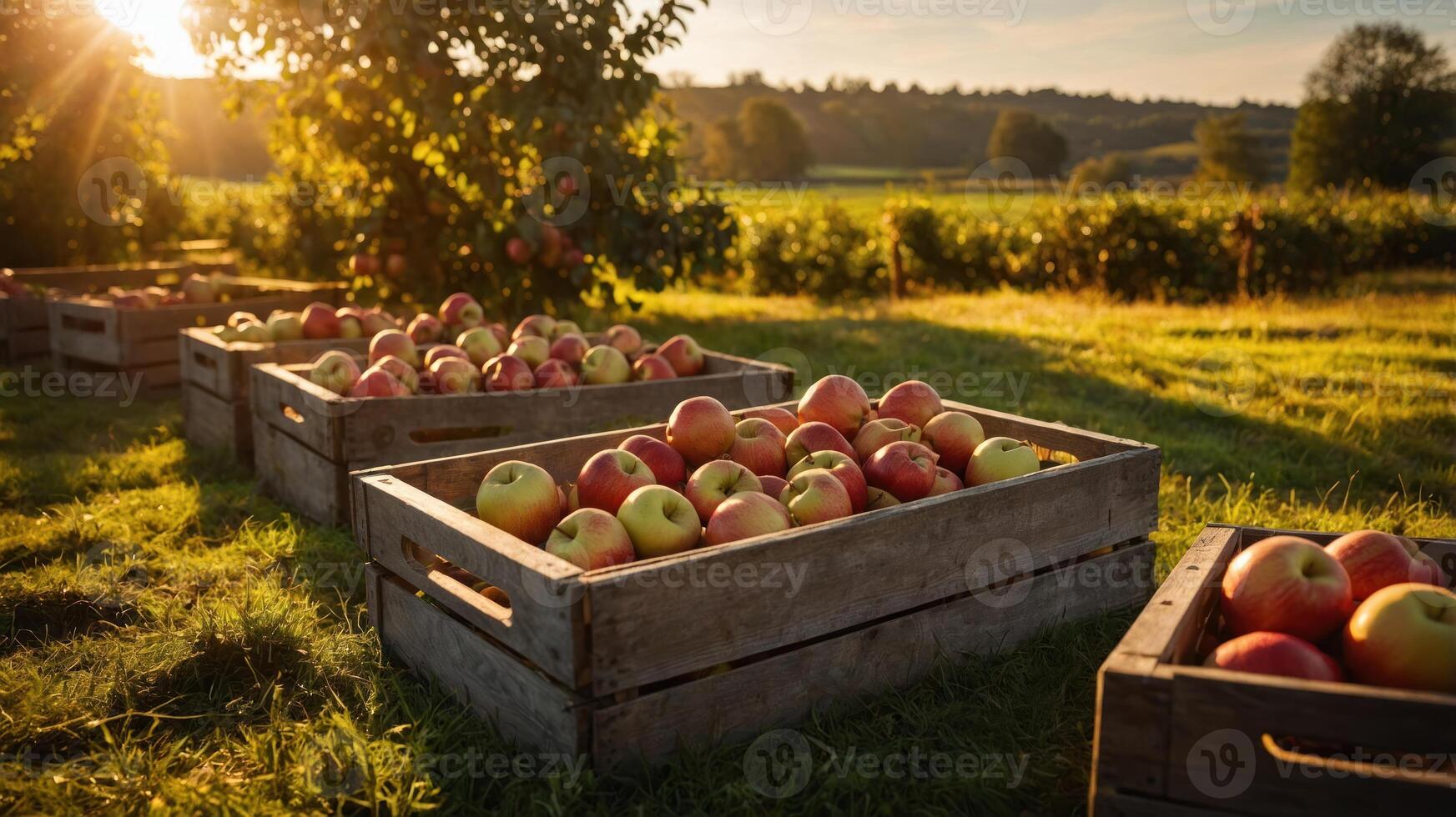 A serene orchard scene with wooden crates filled with freshly picked apples at sunset. photo