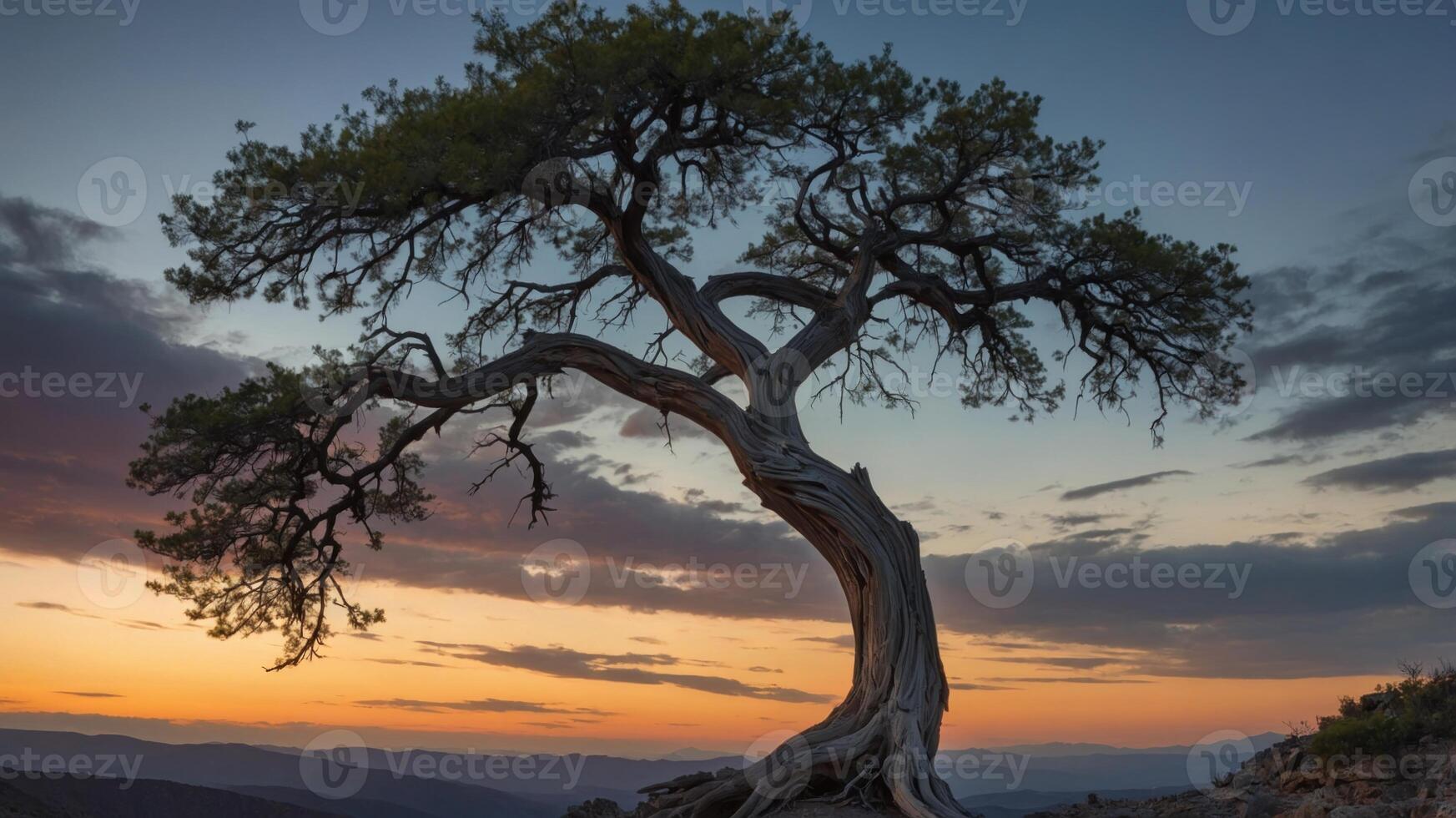 A lone tree stands on a rocky hillside at sunset photo