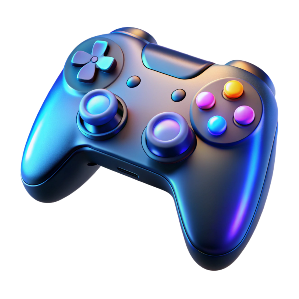 glorious harmonious mid-century A gaming controller with illuminated buttons. NO BACKGROUND with Transparent Background. refined png