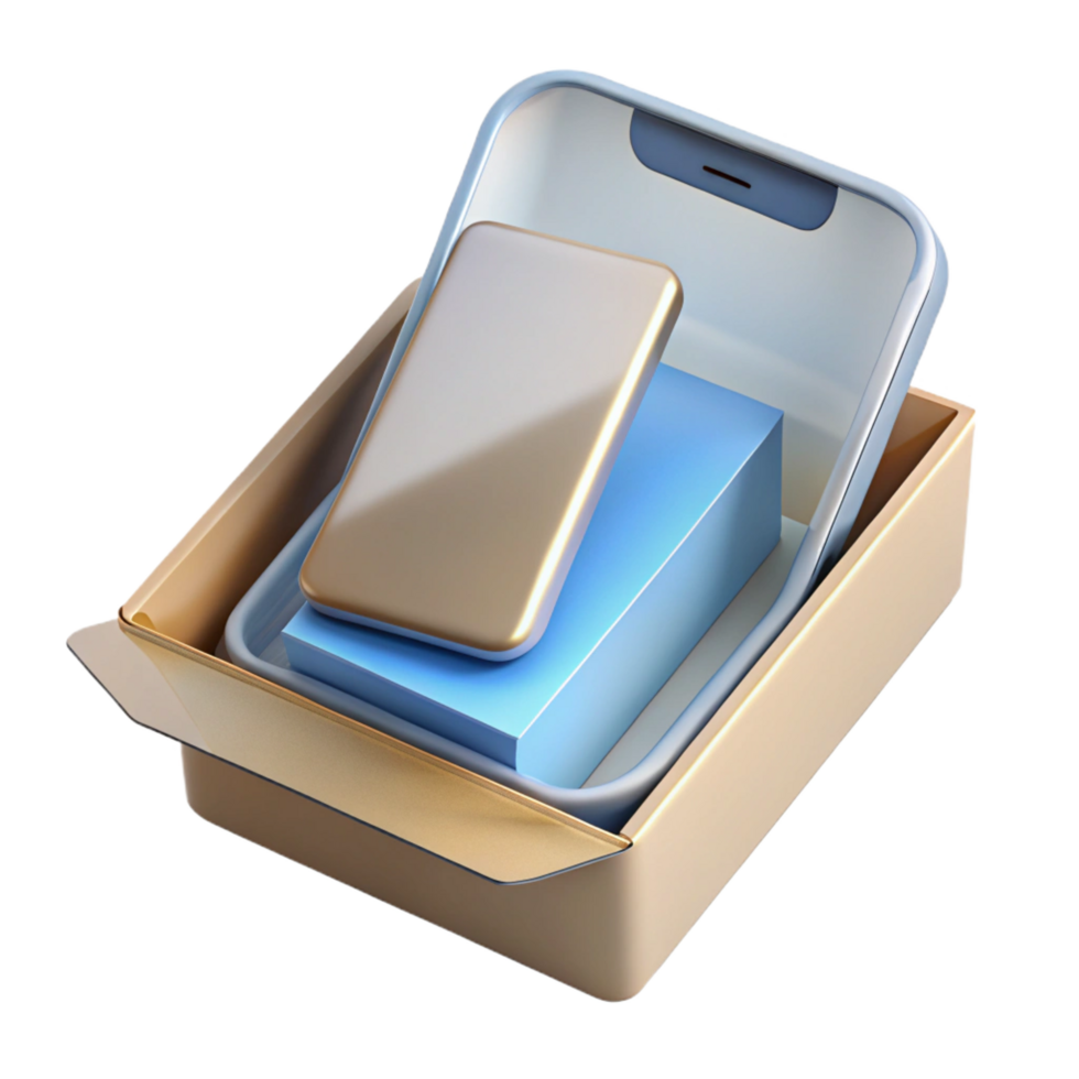 impressive distinguished A brand new, unwrapped smartphone in its box. NO BACKGROUND with Transparent Background. png