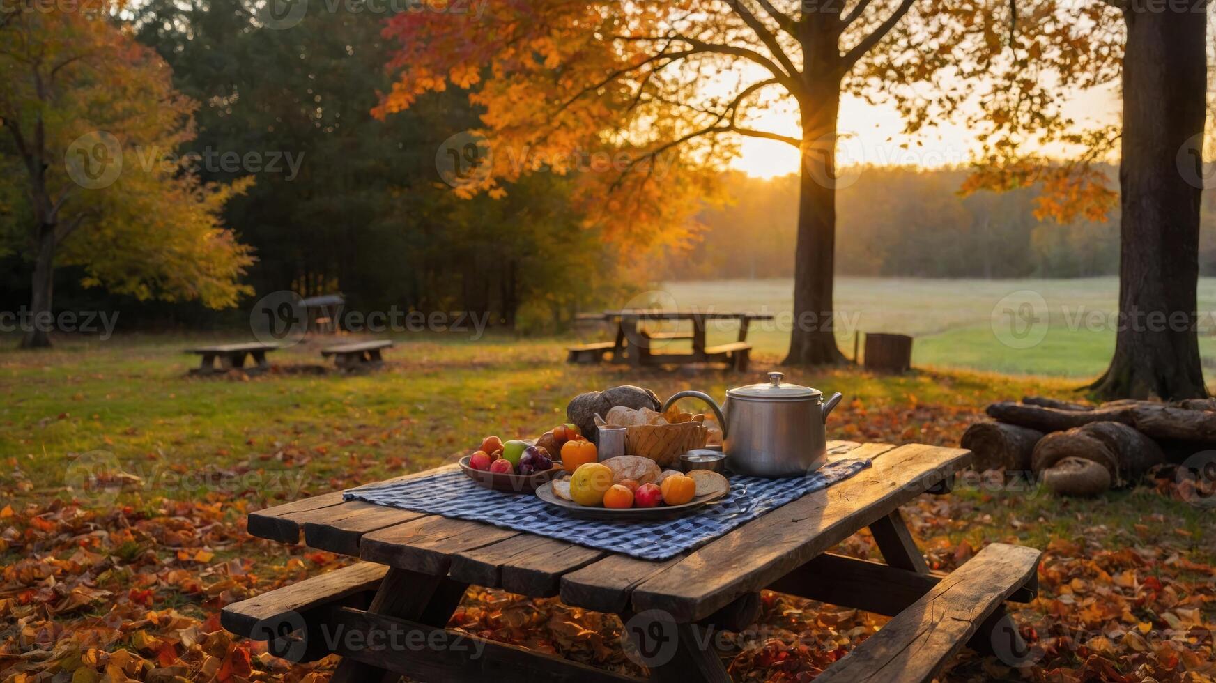 A serene picnic scene with a table set for a meal amidst autumn foliage at sunset. photo