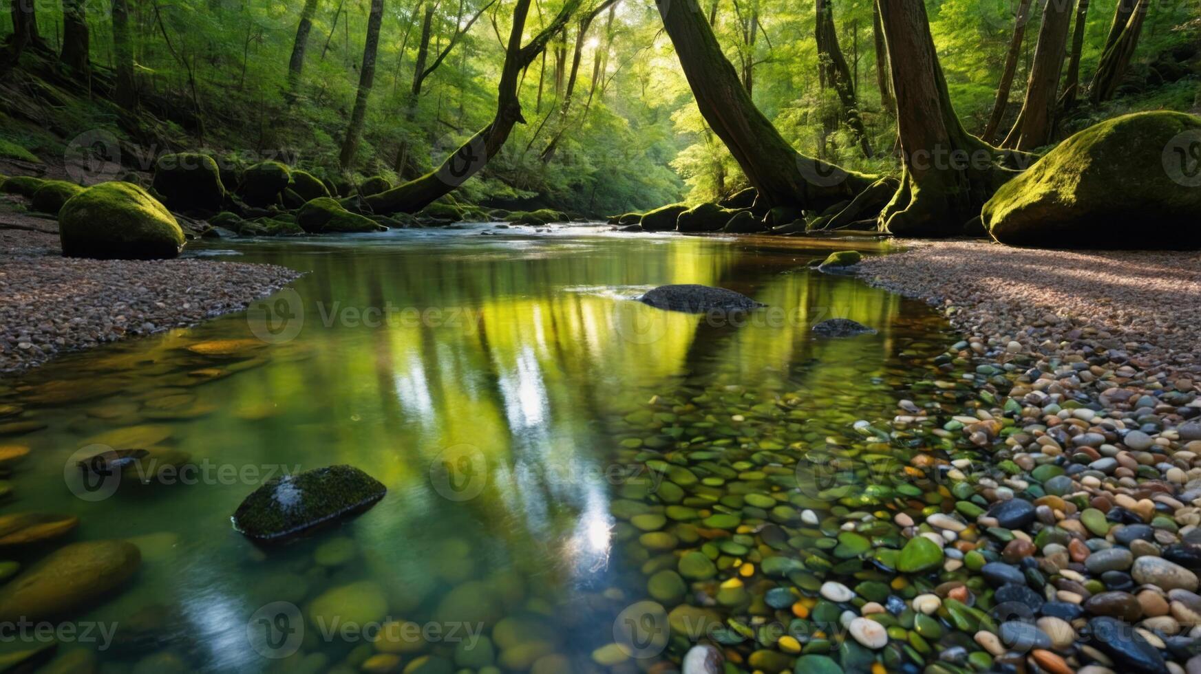 A serene river flows through a lush forest, reflecting vibrant greenery and smooth pebbles. photo