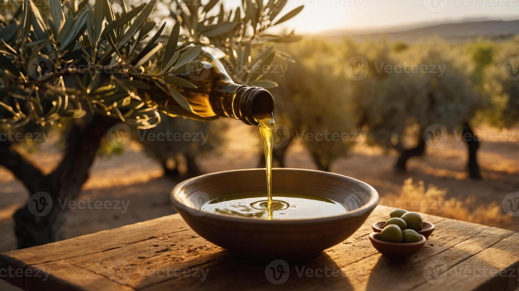 Olive oil being poured into a bowl, surrounded by olives and olive trees at sunset. photo