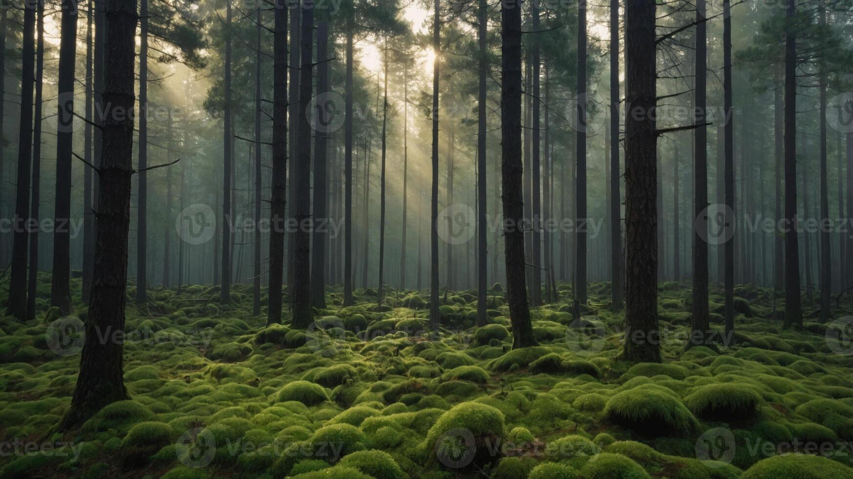 A serene forest scene with tall trees and lush green moss covering the ground. photo