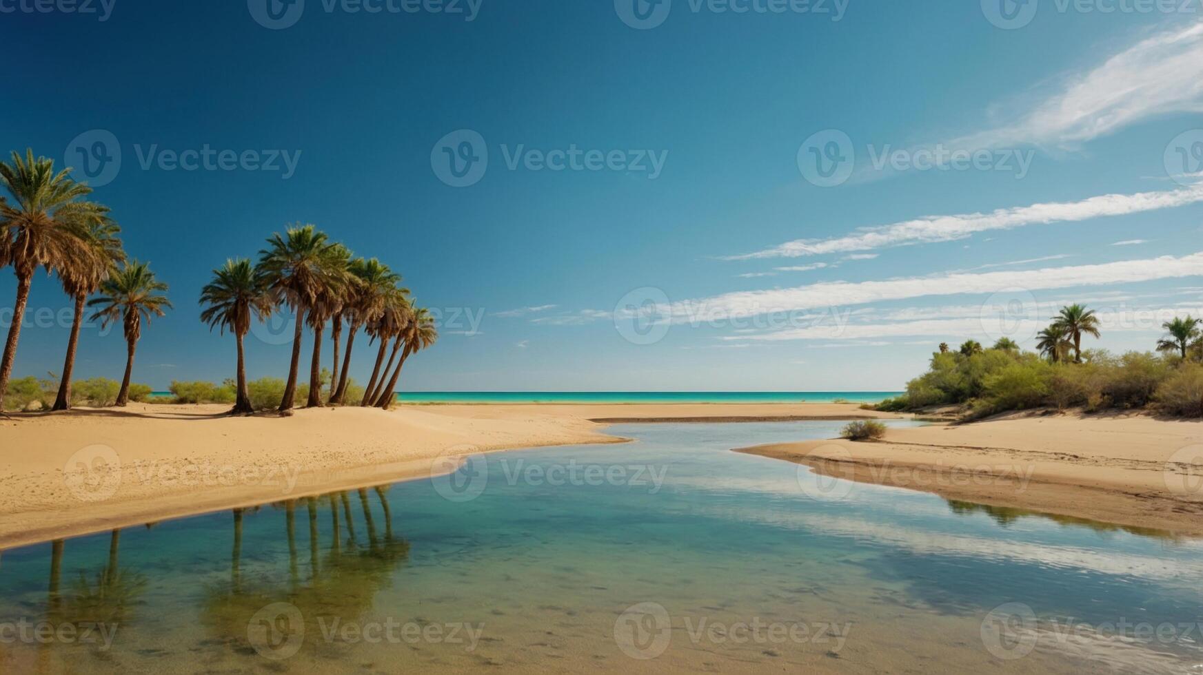 A serene beach scene with palm trees and a calm waterway leading to the ocean. photo