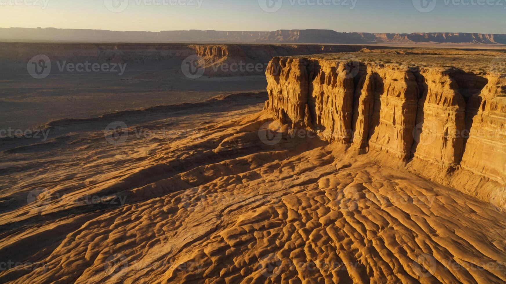 A vast desert landscape showcasing rugged cliffs and textured sand formations under sunlight. photo