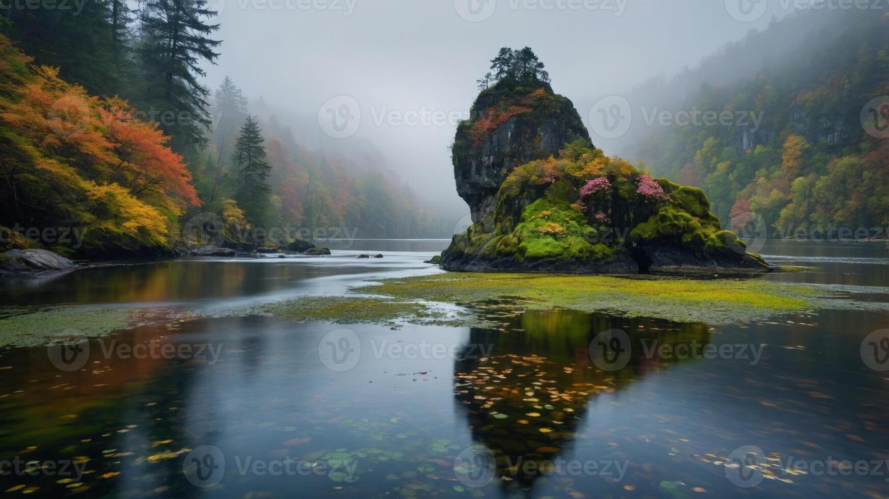 Serene landscape featuring a moss-covered rock in a misty lake surrounded by autumn foliage. photo
