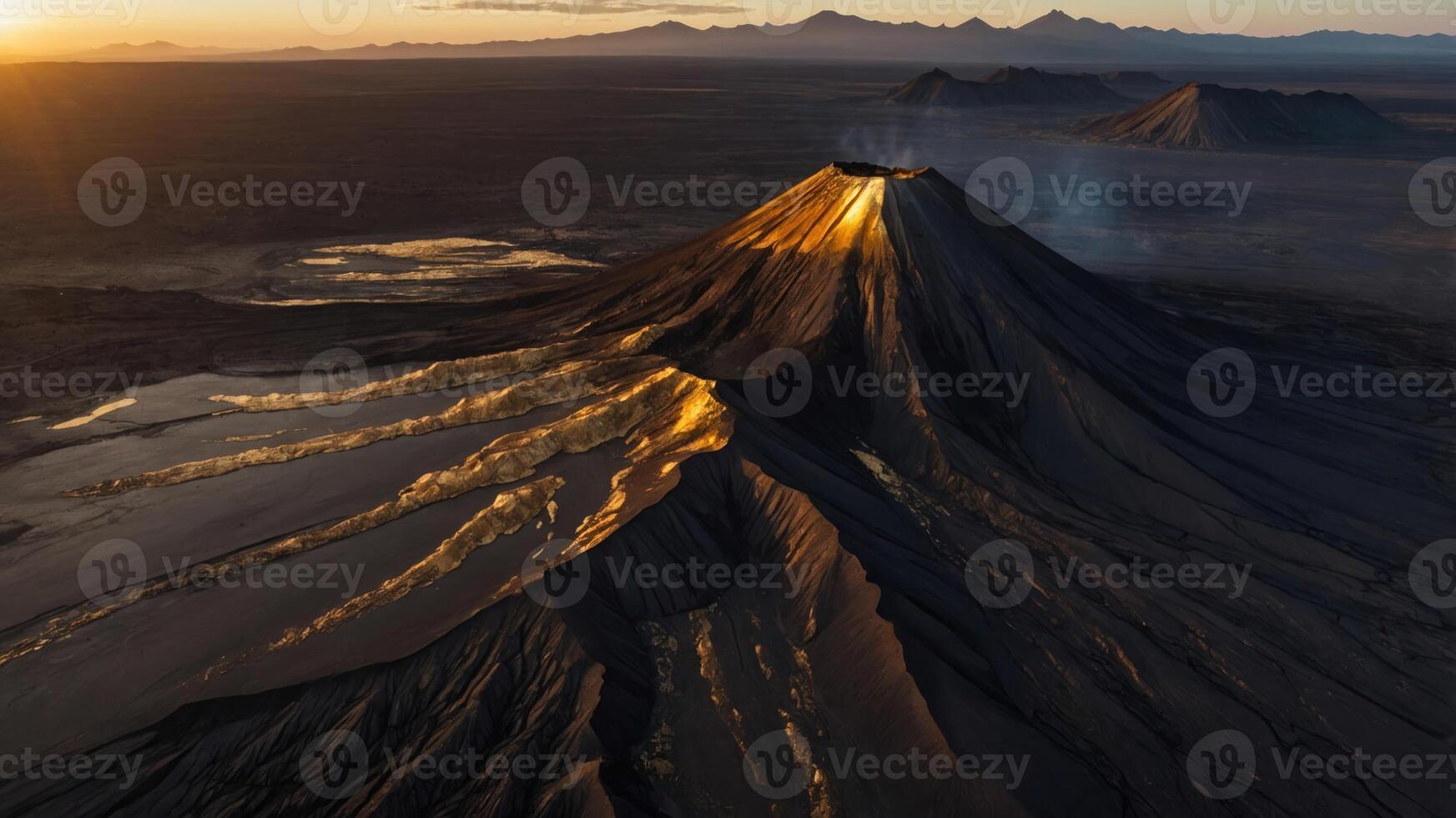 Aerial view of a volcanic landscape at sunset, showcasing lava flow and rugged terrain. photo