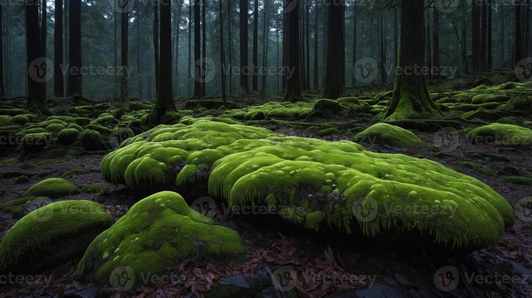 A serene forest scene featuring lush green moss covering stones in a tranquil woodland setting. photo