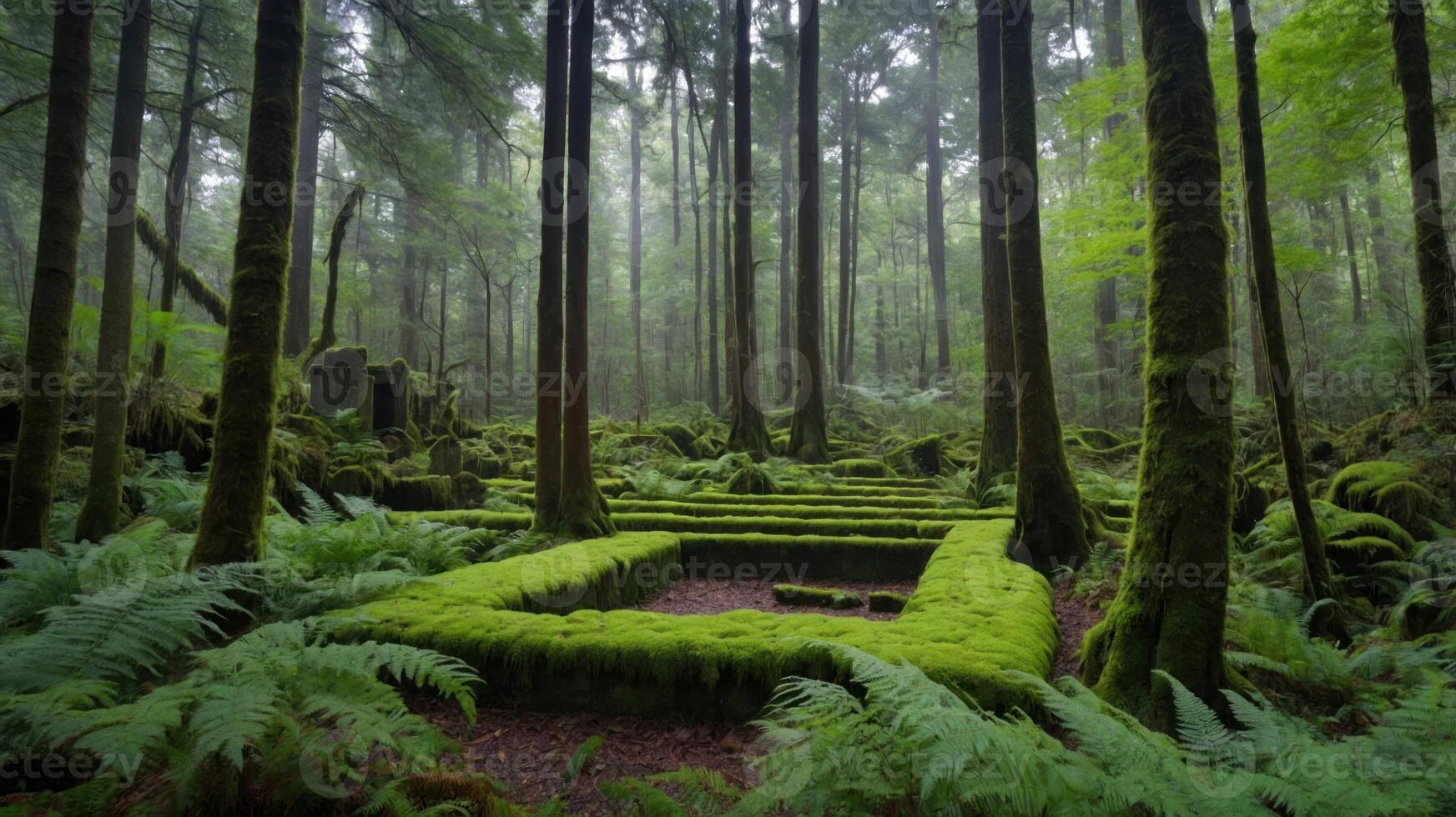 A misty forest scene featuring moss-covered ruins surrounded by dense trees and ferns. photo