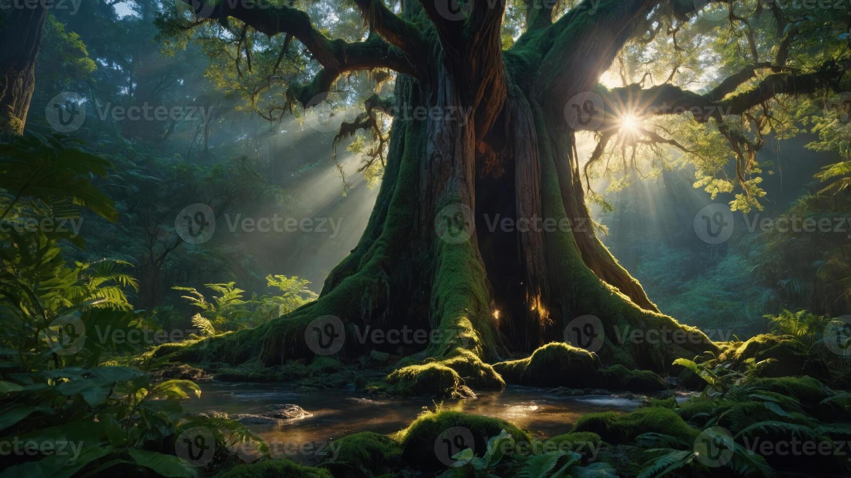 A majestic tree stands in a misty forest, sunlight filtering through its branches. photo