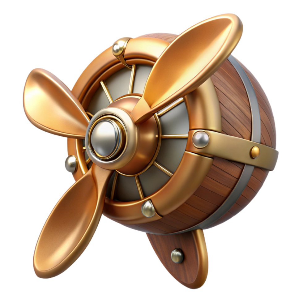 fascinating signature Steampunk airship propeller made of polished wood and copper. NO BACKGROUND with Transparent Background. png