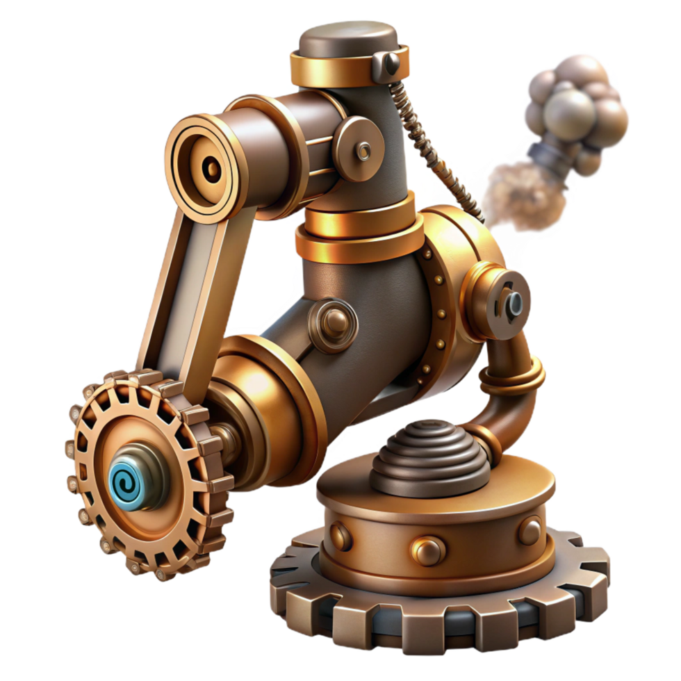 dramatic wonderful Steampunk robotic arm with exposed gears and steam vents. NO BACKGROUND with Transparent Background. original png
