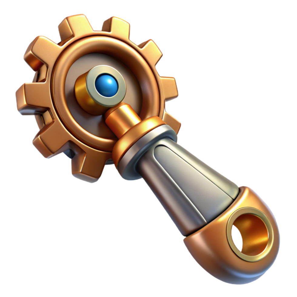 immaculate iconic Steampunk wrench with adjustable gears and a brass finish. NO BACKGROUND with Transparent Background. png