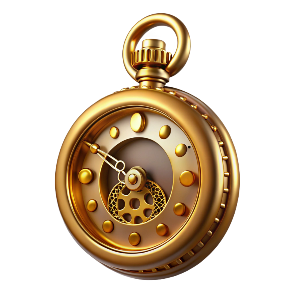 enchanting remarkable Steampunk pocket watch with Roman numerals and a skeletonized face. NO BACKGROUND with Transparent Background. png