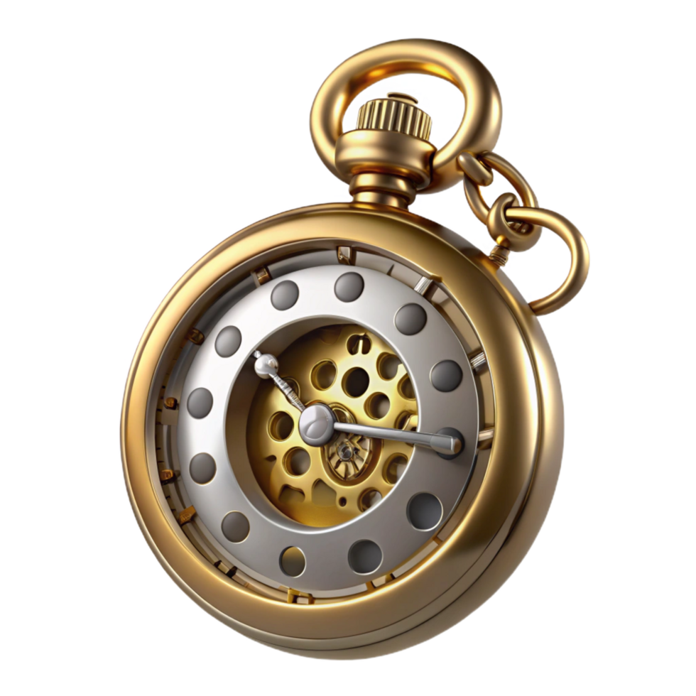 immaculate standout Steampunk pocket watch with Roman numerals and a skeletonized face. NO BACKGROUND with Transparent Background. png