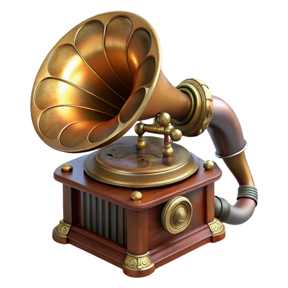 extraordinary harmonious modern Steampunk gramophone with a brass horn and a hand-cranked mechanism. NO BACKGROUND with Transparent Background. premium png