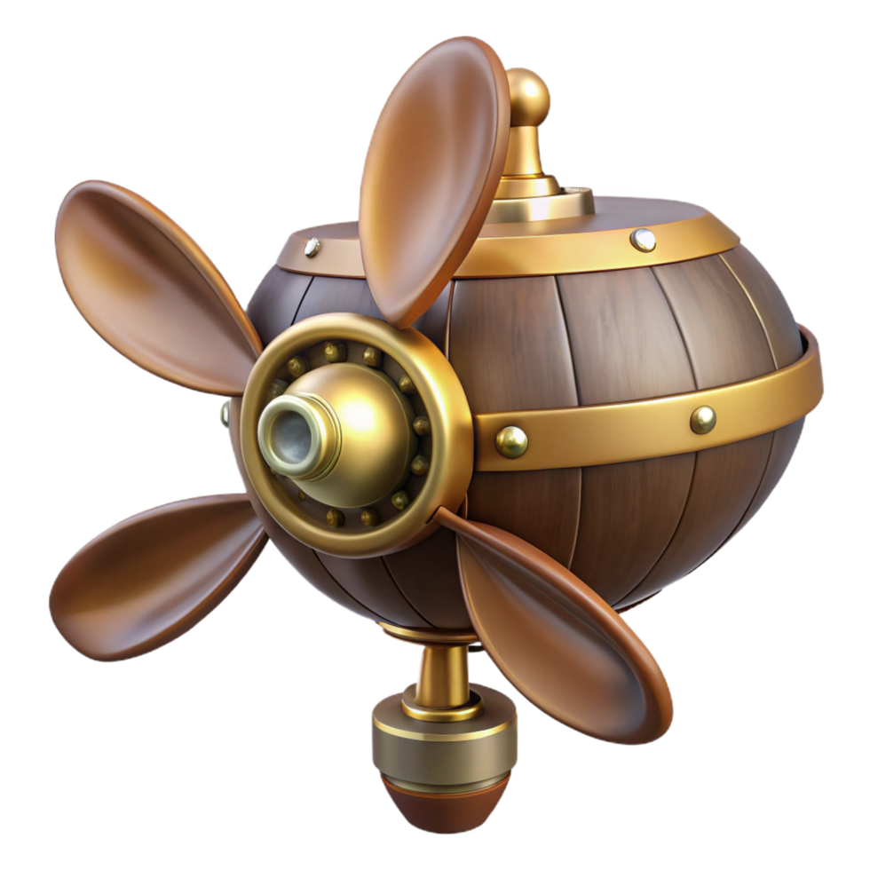 distinctive traditional Steampunk dirigible propeller with wooden blades and brass fittings. NO BACKGROUND with Transparent Background. authentic png