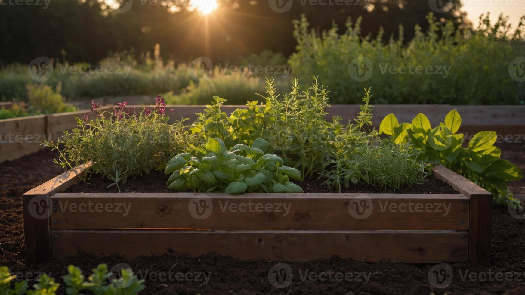 A vibrant garden bed filled with herbs and greens, illuminated by sunset. photo
