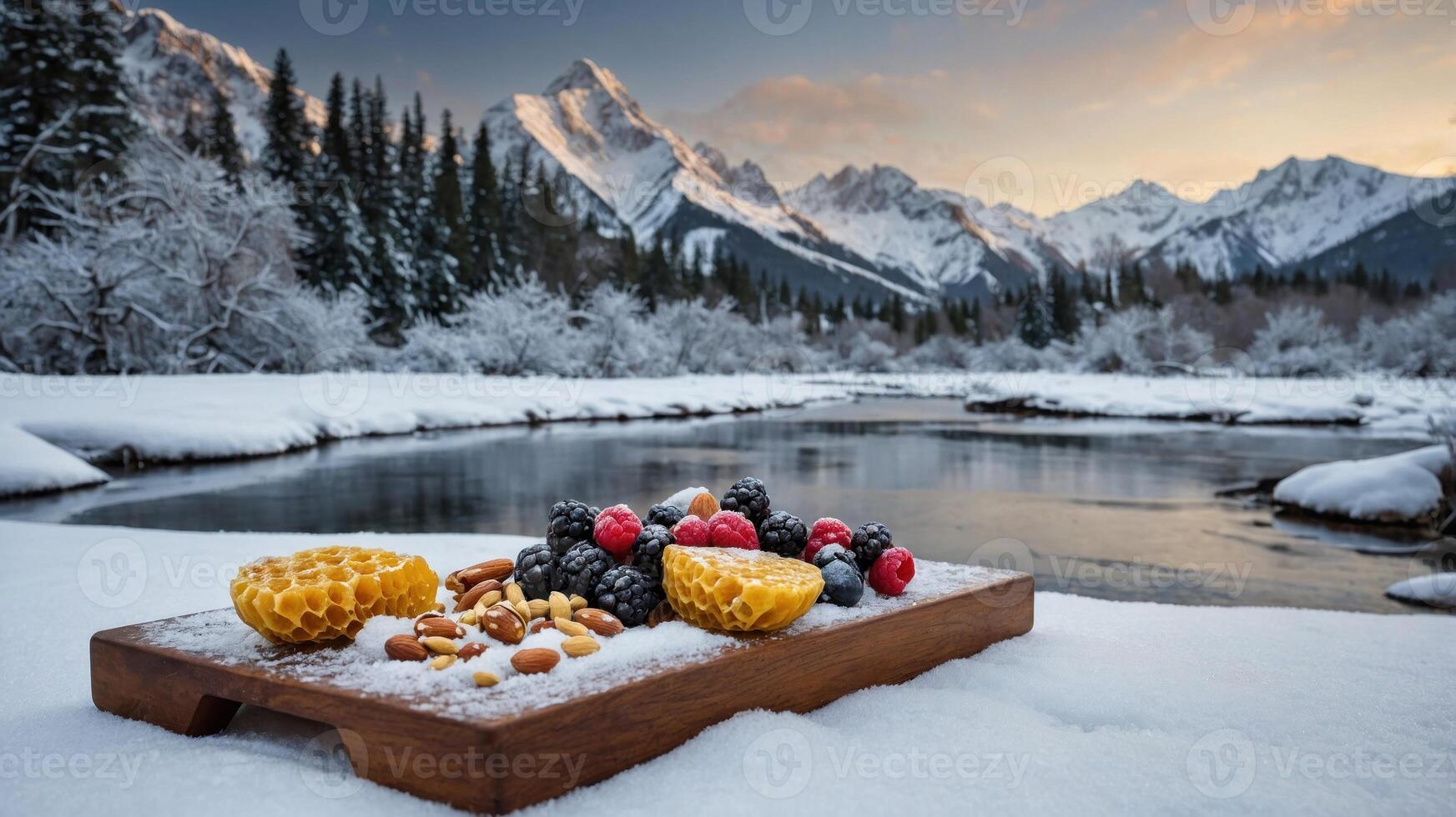 A wooden platter with fruits and nuts on snowy ground near a river and mountains at sunset. photo