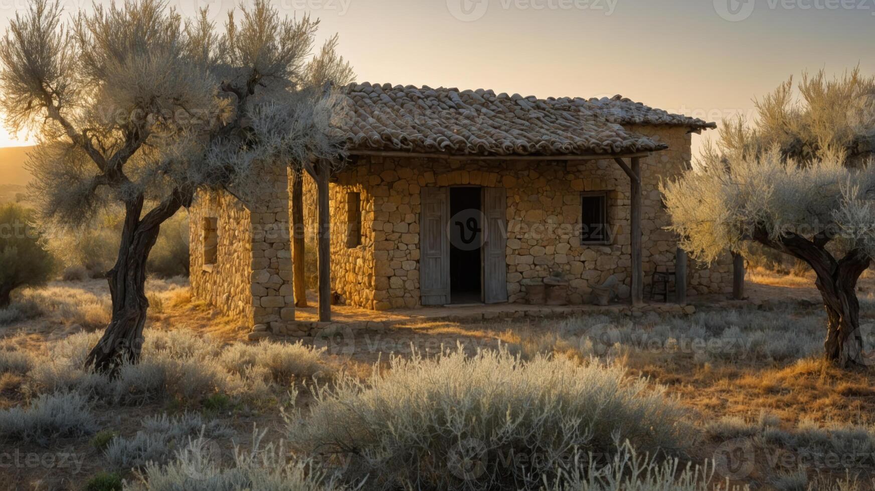 A rustic stone house surrounded by dry vegetation at sunset. photo
