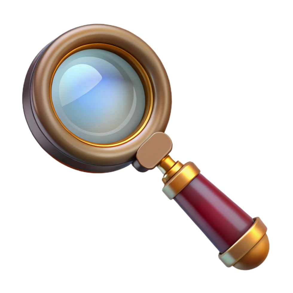 hypnotic acclaimed Steampunk magnifying glass with a brass handle and a magnifying lens. NO BACKGROUND with Transparent Background. png