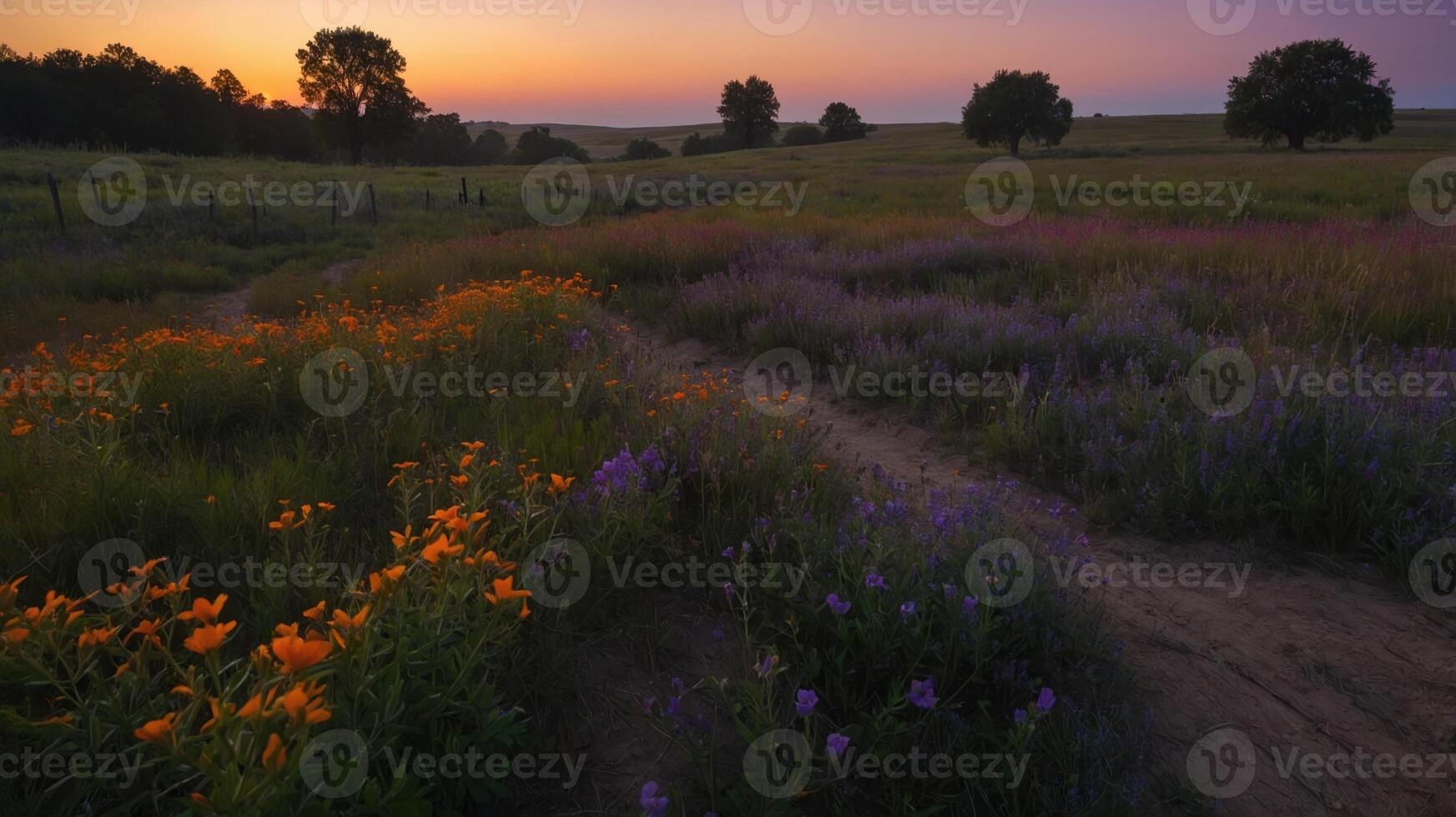 A serene landscape at sunset with vibrant wildflowers and a winding path. photo