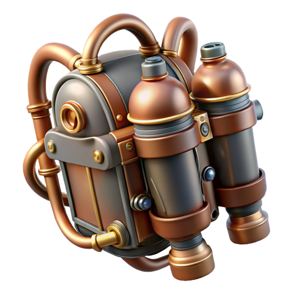 celebrated elegant Steampunk jetpack with miniature steam engines and copper pipes. NO BACKGROUND with Transparent Background. luxury png