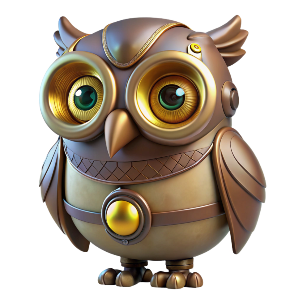 extraordinary bohemian Steampunk mechanical owl with glowing eyes and rotating head. NO BACKGROUND with Transparent Background. 8K png