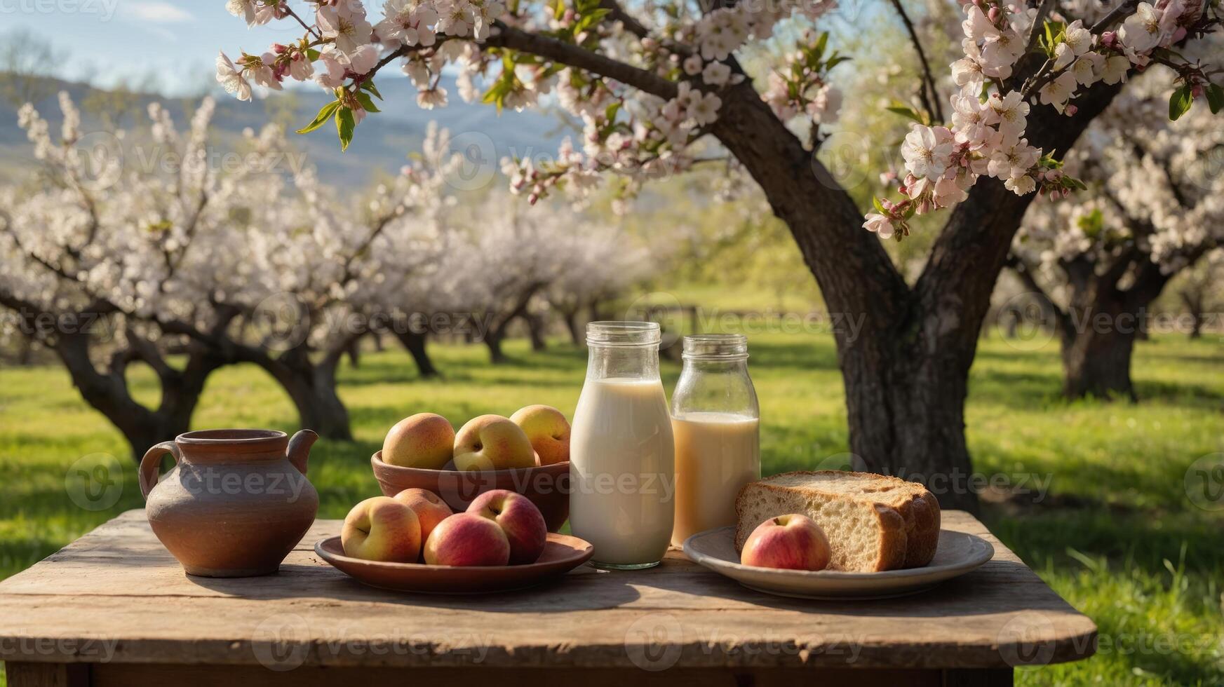 A rustic table setting with milk, bread, apples, and a pitcher amid blossoming trees. photo