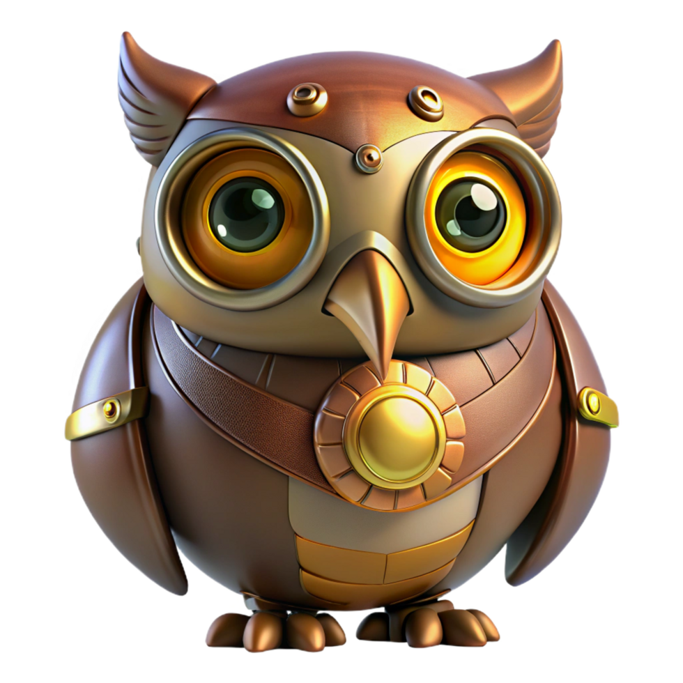 breathtaking nostalgic contemporary Steampunk mechanical owl with glowing eyes and rotating head. NO BACKGROUND with Transparent Background. top-tier png