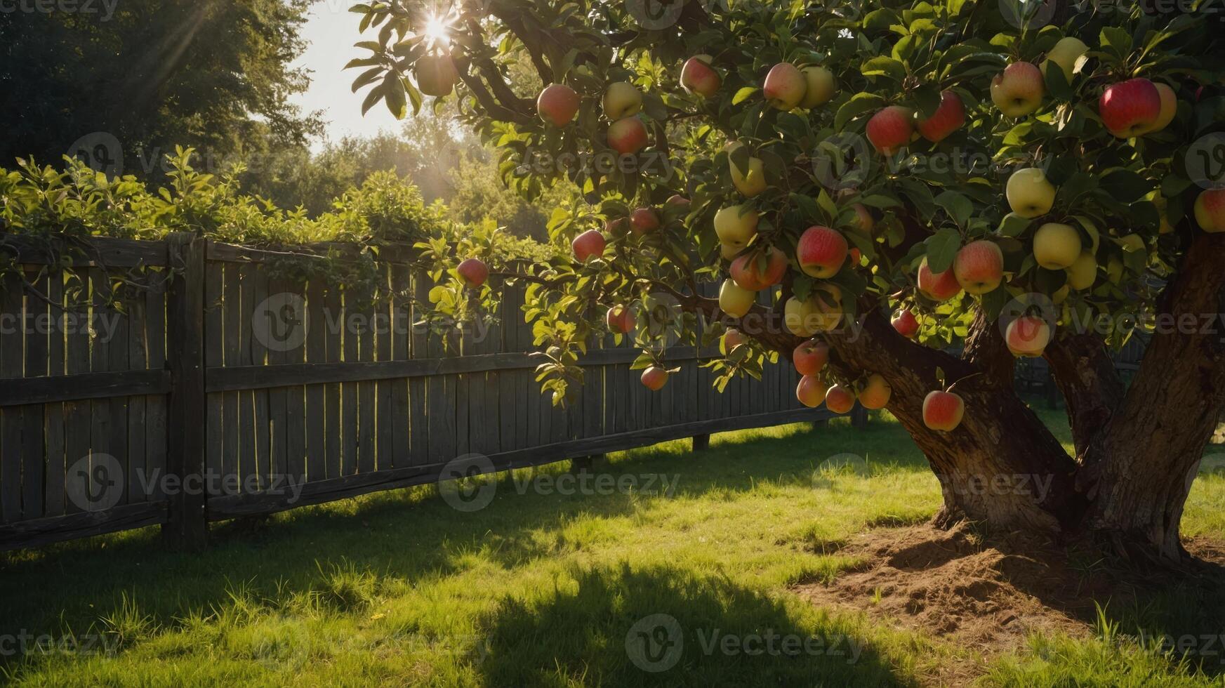 A sunlit apple tree with ripe fruit beside a wooden fence in a grassy area. photo