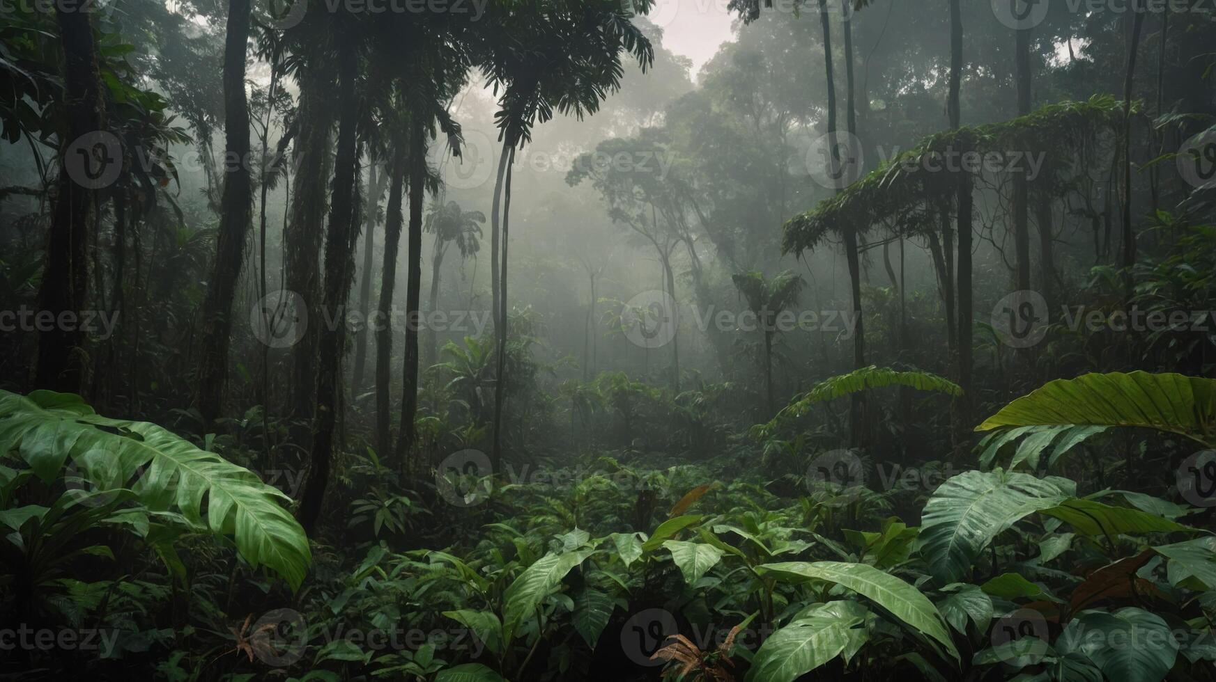 Lush, misty rainforest filled with diverse plants and towering trees, creating a serene atmosphere. photo