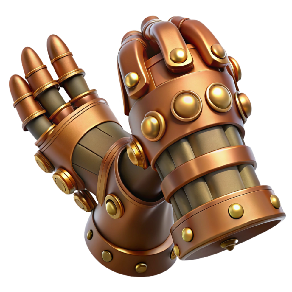 elegant reflective rustic Steampunk gauntlet with articulated fingers and copper plating. NO BACKGROUND with Transparent Background. gallery standard png