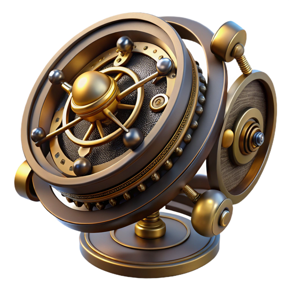 exquisite retro Steampunk astrolabe with intricate markings and rotating discs. NO BACKGROUND with Transparent Background. handcrafted png